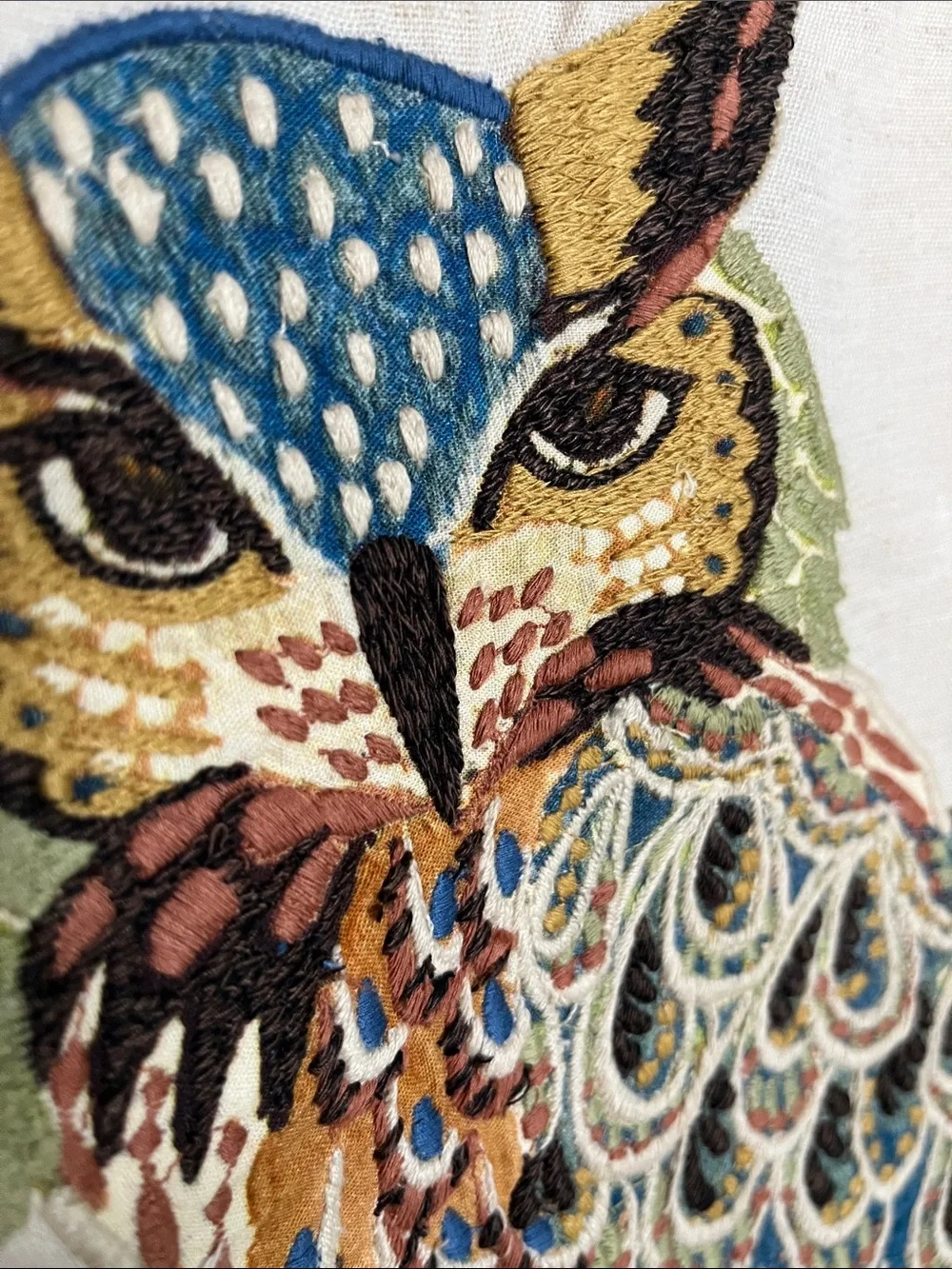 Pottery Barn owl with berries embroidered appliqué, pillow cover, cotton linen